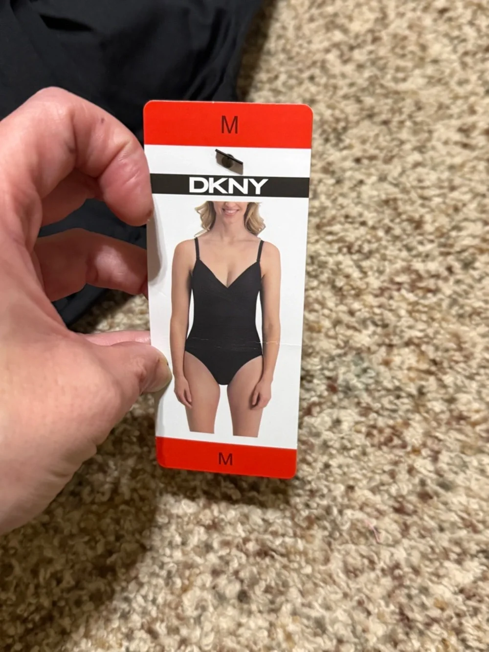 DKNY Black Surplice Spaghetti Strap Tummy Control One Piece Swimsuit Medium NWT - Picture 3 of 9